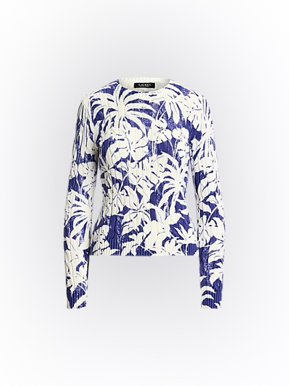 Ralph Lauren Blue & White Floral Cable-Knit Cotton Sweater Petite